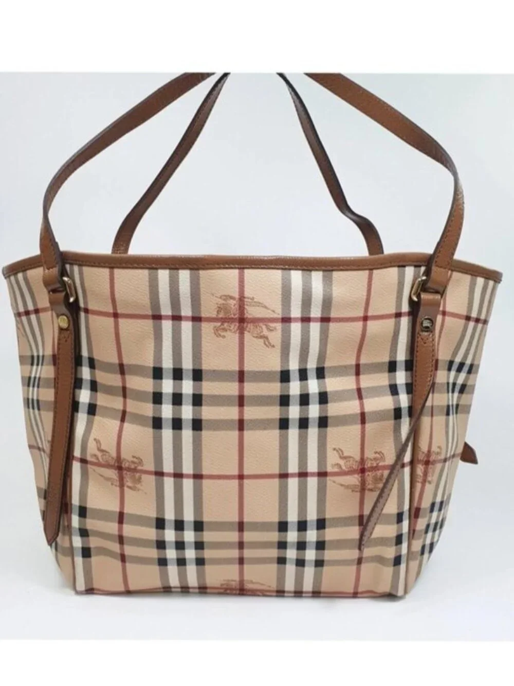 Authentic Burberry Haymarket Check Tote Bag Leather With Matching Zip Pouch